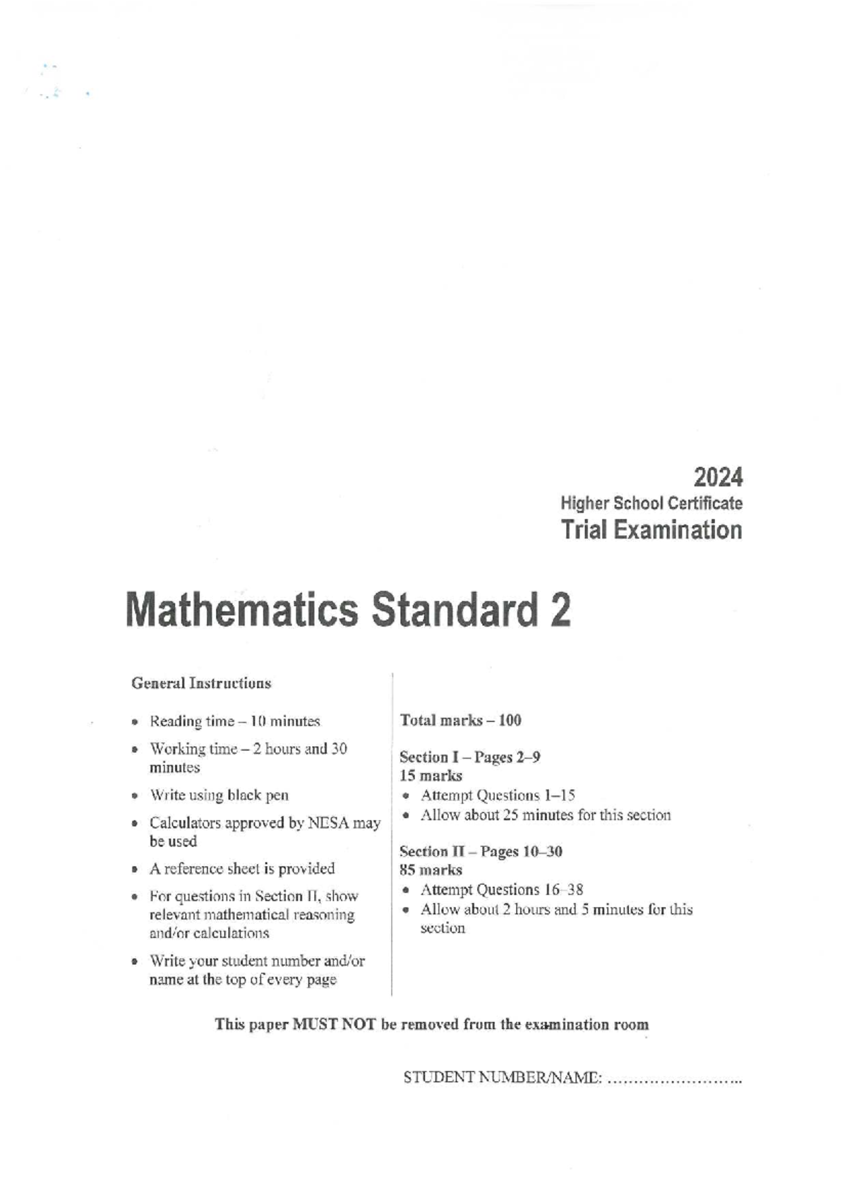 2024 HSC Trial Exam: Mathematics Standard 2 Instructions & Questions ...