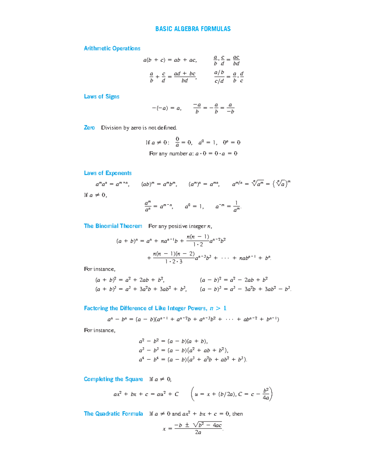BASIC ALGEBRA FORMULAS: Key Concepts & Theorems (Thomas Calculus) - Studocu