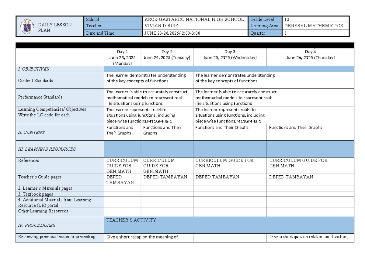 DLL 2ND WEEK - DAILY LESSON PLAN for GRADE 12 GENERAL MATH - Studocu