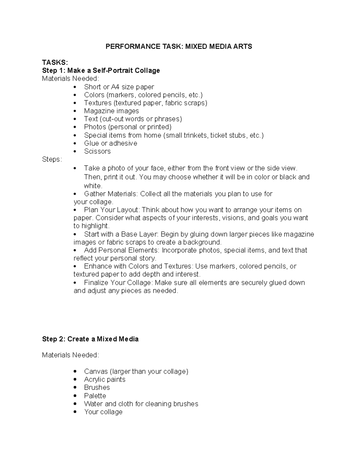 PETA EXAM: Mixed Media Arts Performance Task Guide - Studocu