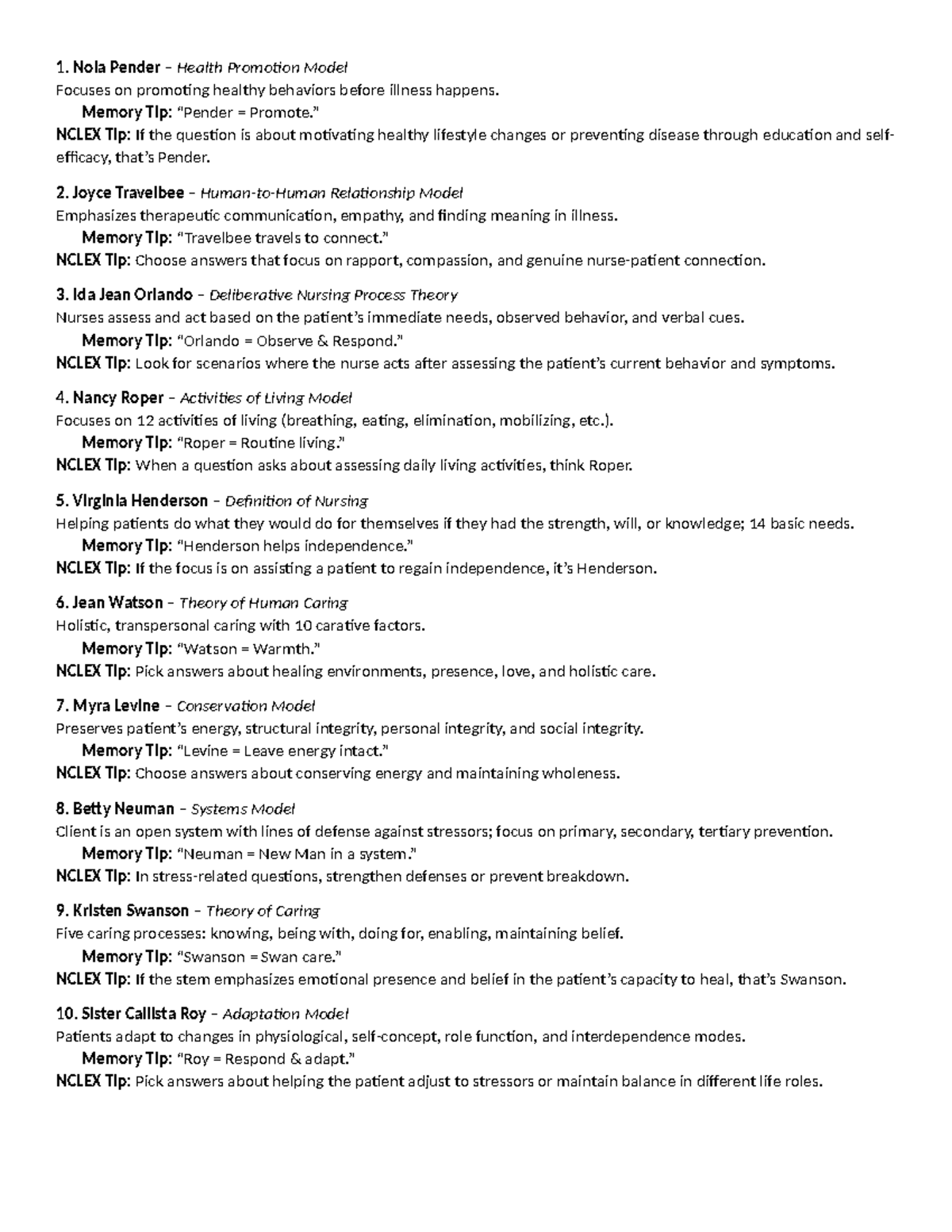 TFN Final Exam Study Guide: Nursing Theories & Models - Studocu