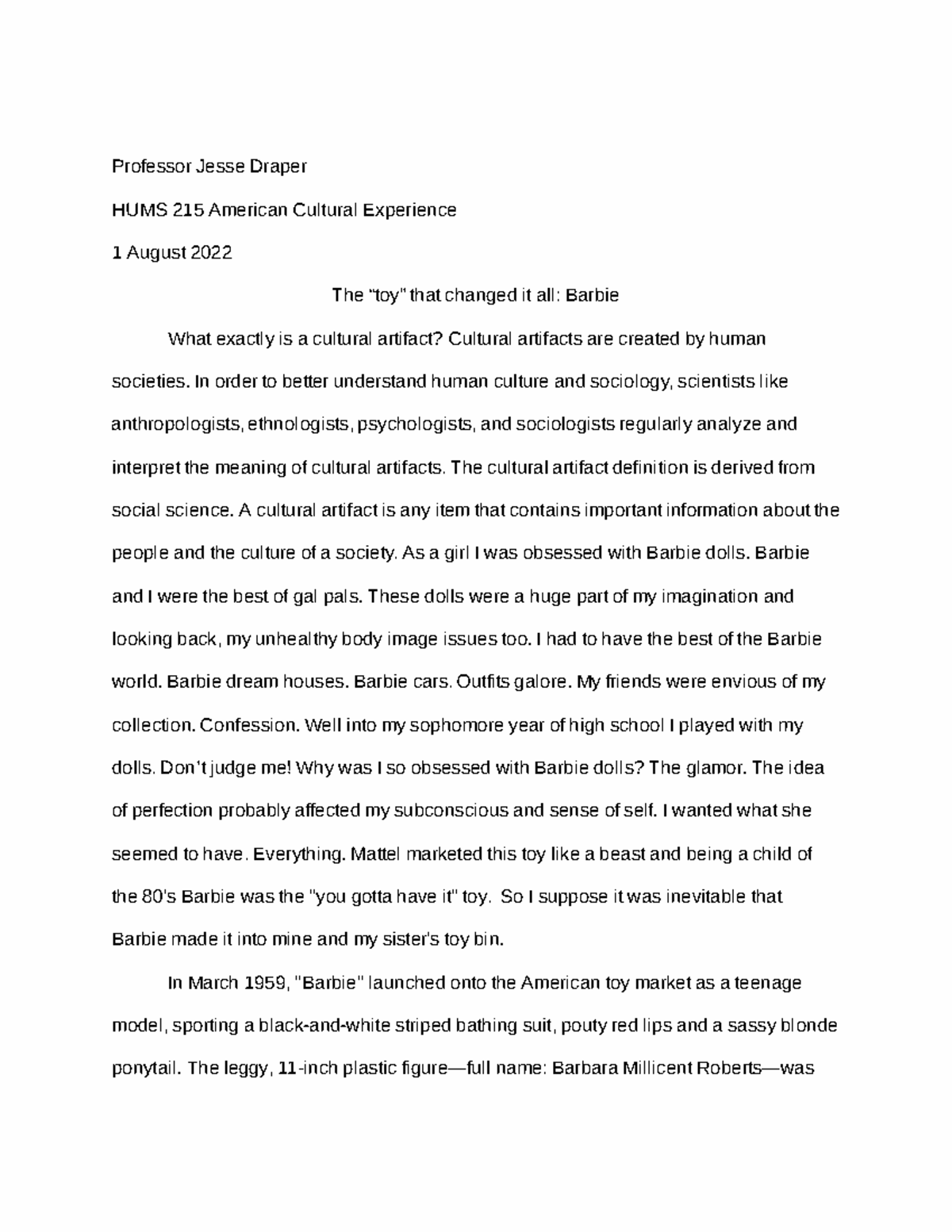 Cultural Artifact Paper - Example 2 - Professor Jesse Draper HUMS 215 ...