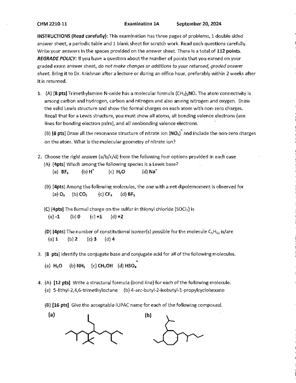 Model Exam 1 Answer key - notes - CHM Examination 1A September 20, 2024 ...