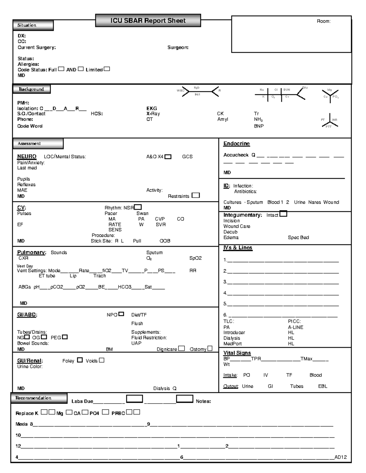 ICU SBAR Report Sheet - Patient Assessment & Status Update (5-5-12 ...