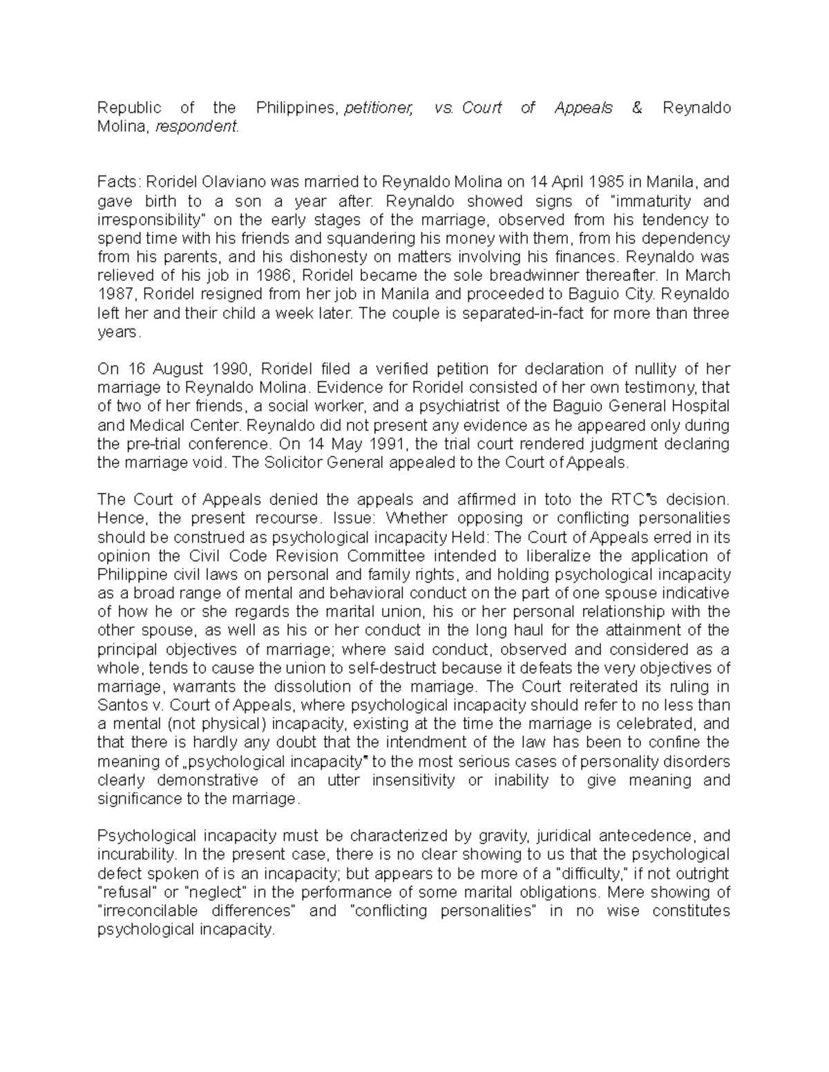 Republic of the Philippines vs. Reynaldo Molina: Marriage Nullity Case ...