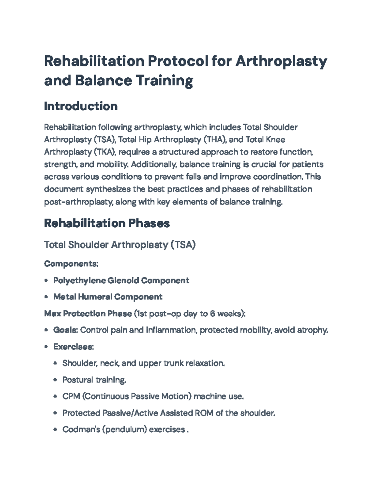 Rehabilitation Protocol for Arthroplasty and Balance Training ...