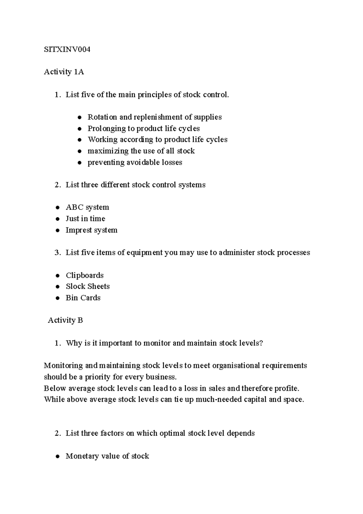 SITXINV 004 Stock Control Principles and Best Practices Guide - Studocu