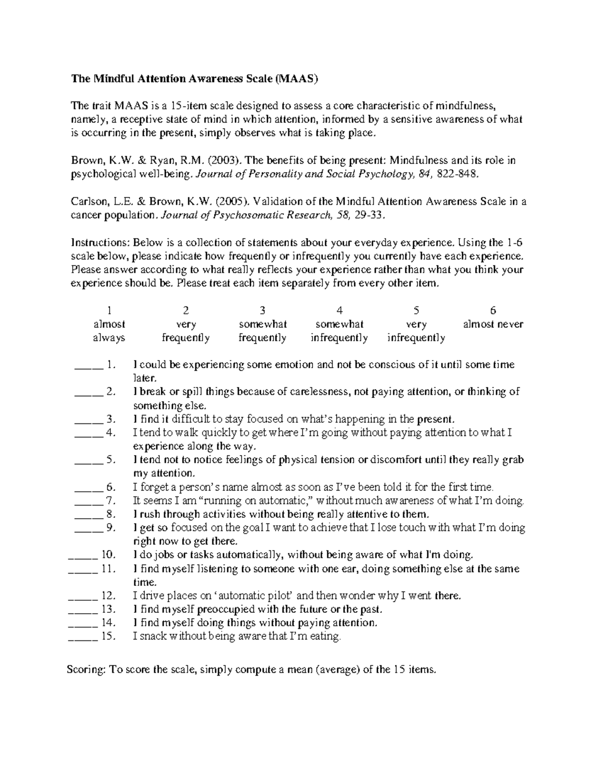 Mindful Attention Awareness Scale (MAAS) Assessment Guide - Studocu