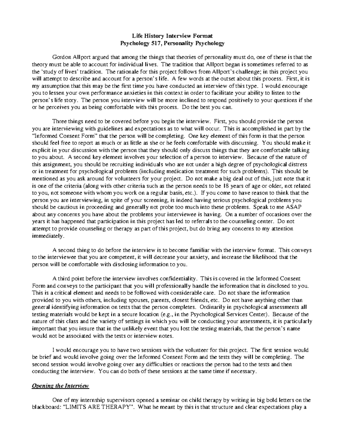 Life History Interview Format Guidelines - Psy 517 Personality Psych ...