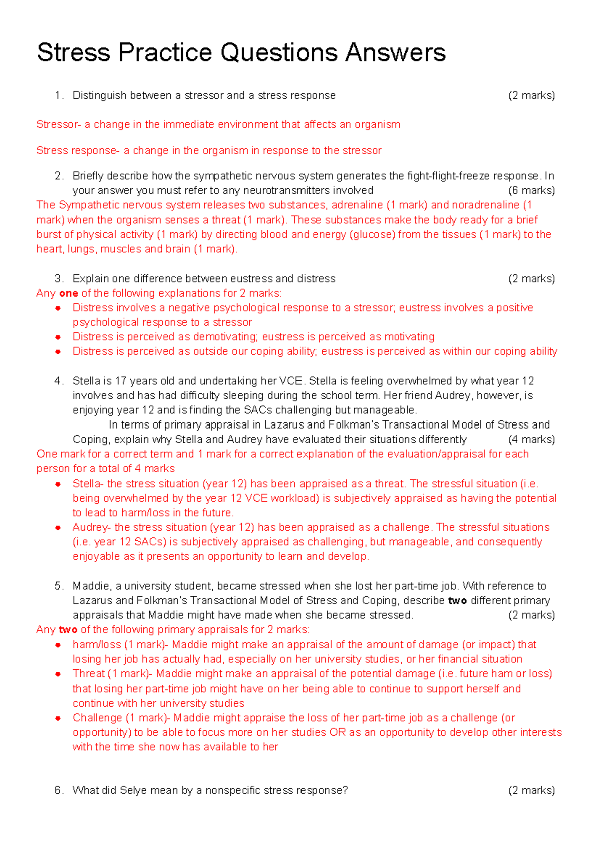 Stress Practice Questions & Answers for Psychology 101 - Studocu