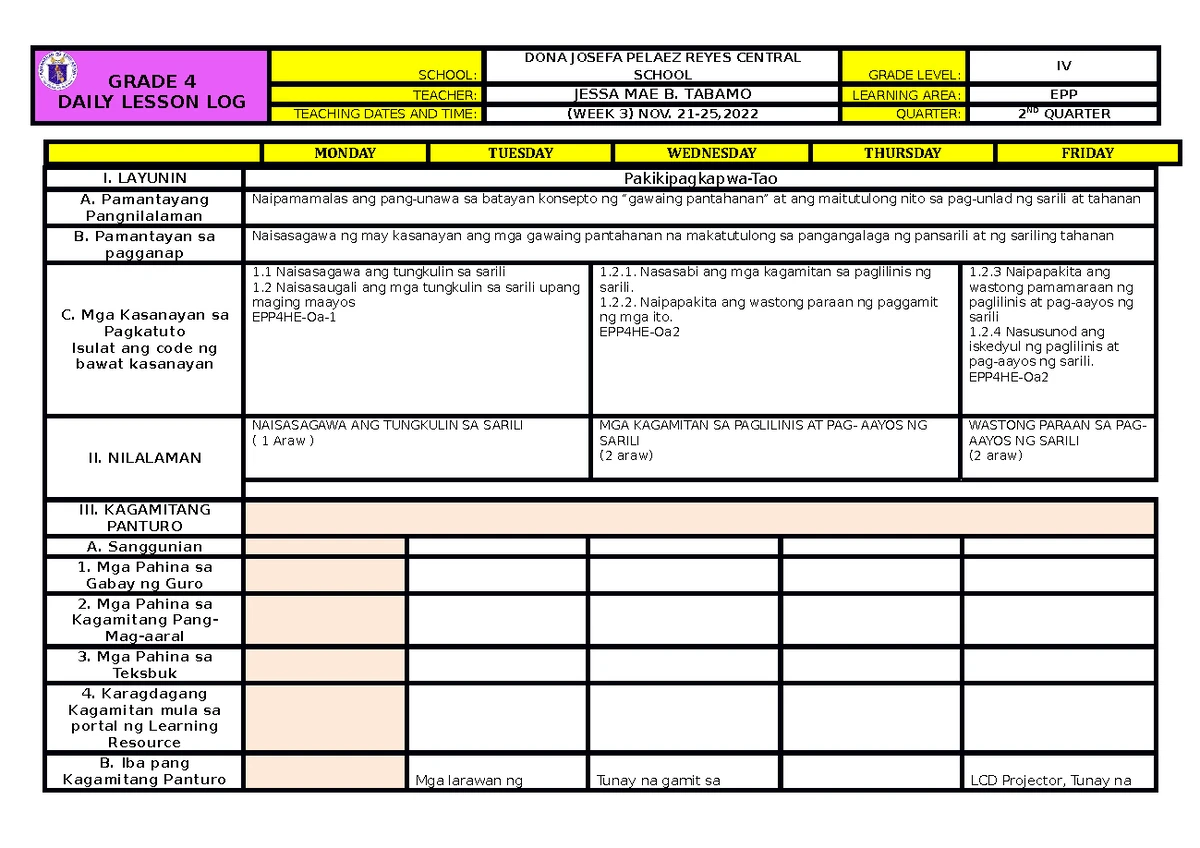 English WEEK 3 - for teachers in deped - GRADE 4 DAILY LESSON LOG ...
