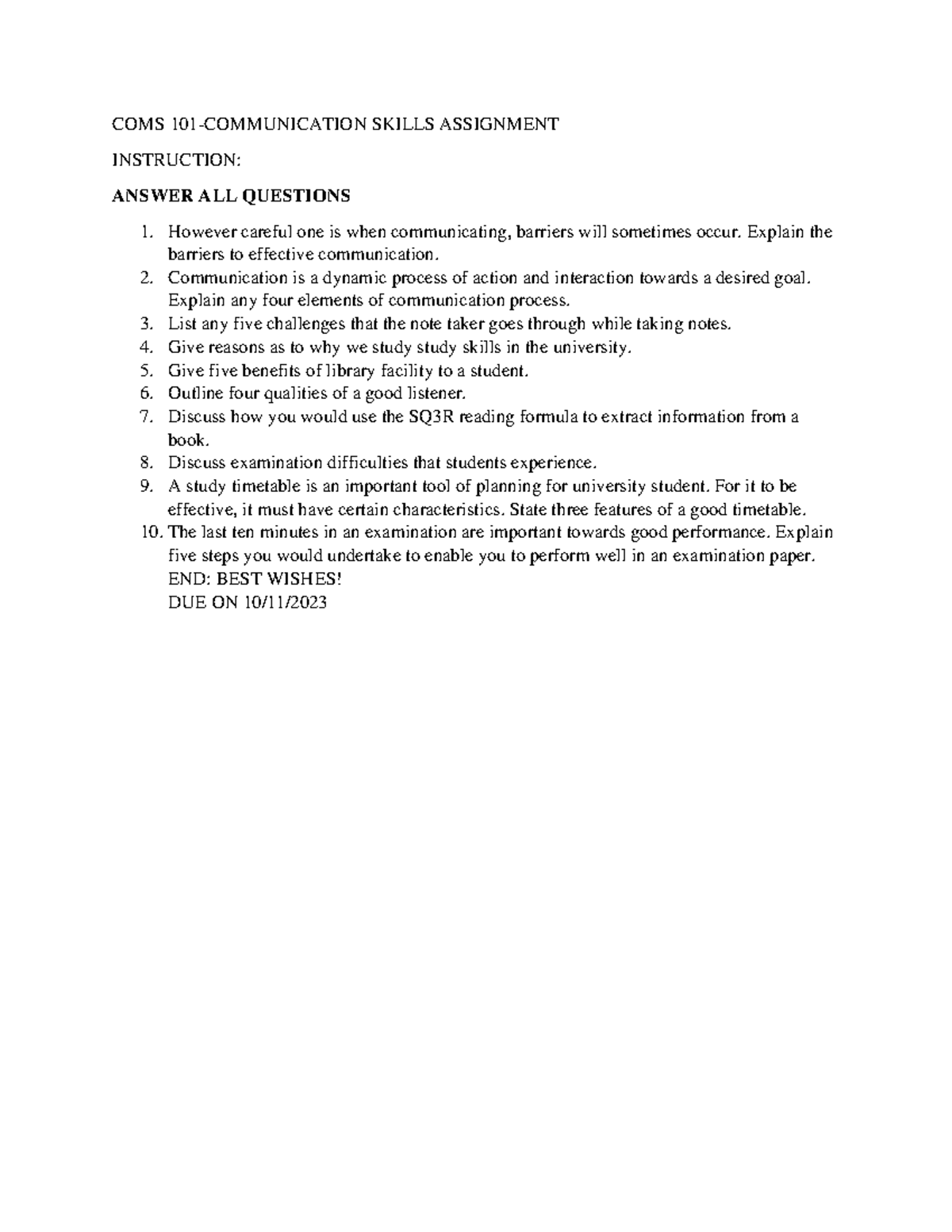 COMS 101 - Communication Skills Assignment Revision Questions - Studocu