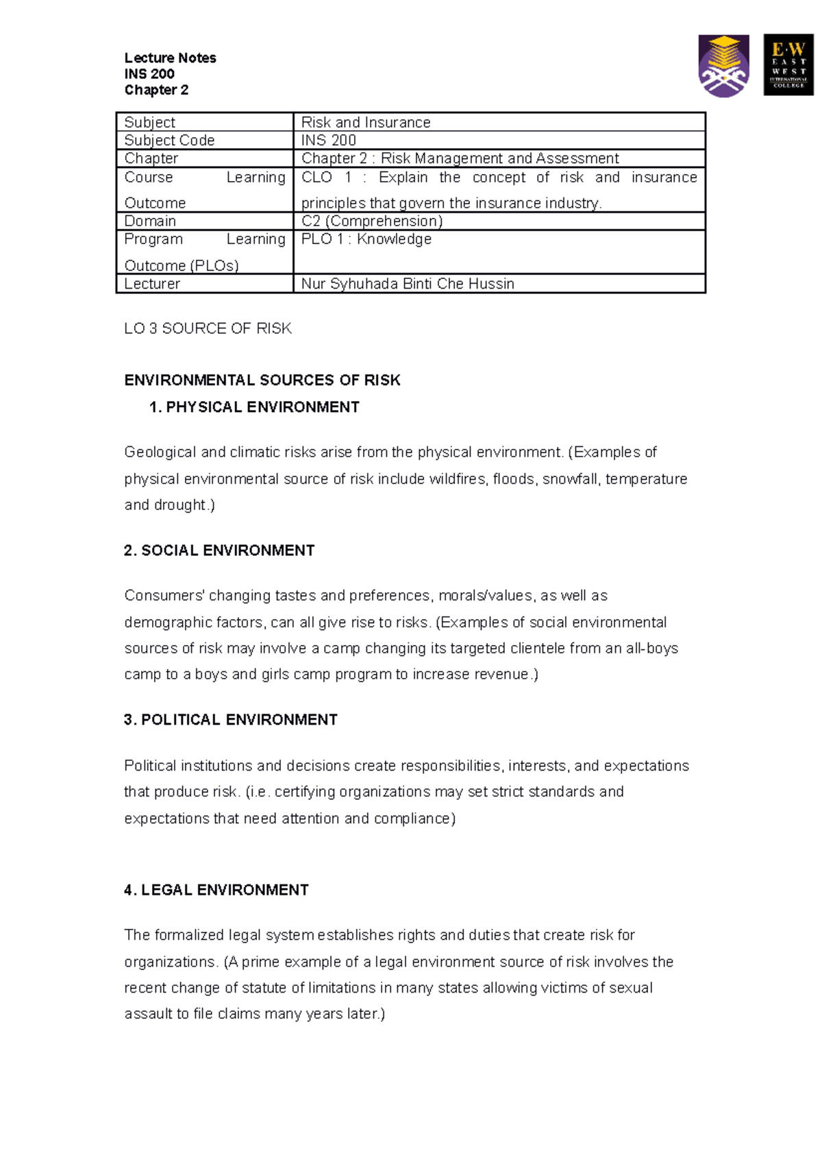 Lecture Notes INS 200: Chapter 2 - Understanding Risk Management - Studocu