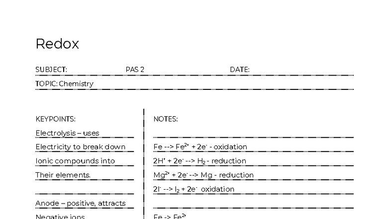 Redox reaction notes - Redox SUBJECT: PAS 2 DATE: TOPIC: Chemistry ...
