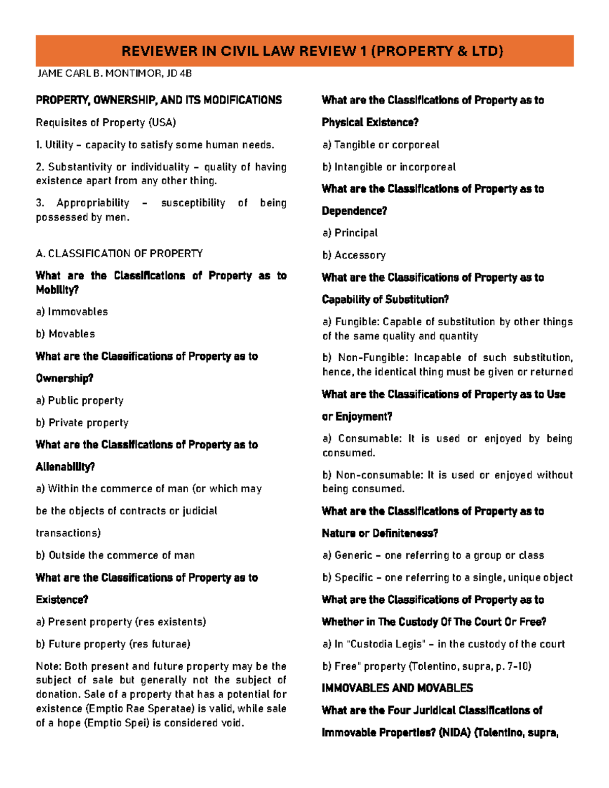 Property Classifications and Ownership Principles (JD 4B) - Studocu