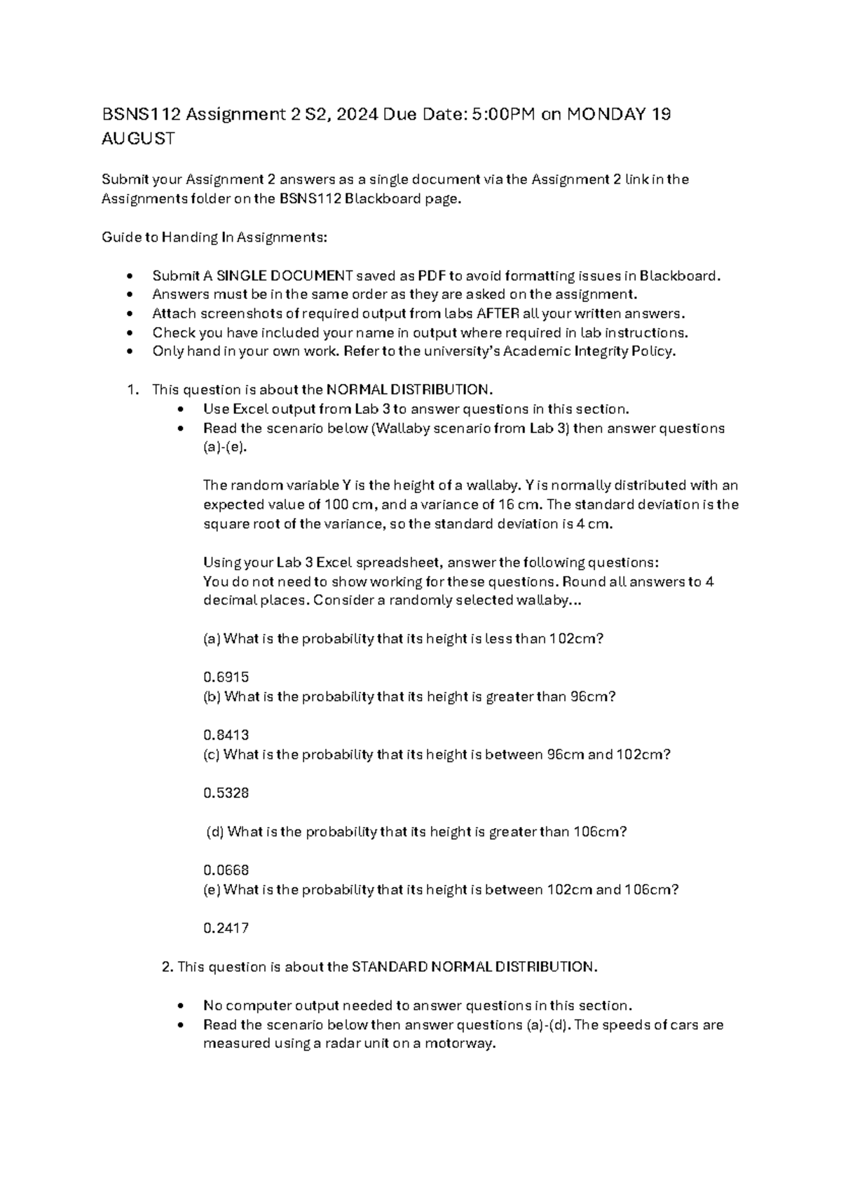BSNS112 Assignment 2: Normal & Standard Distribution Analysis - Studocu