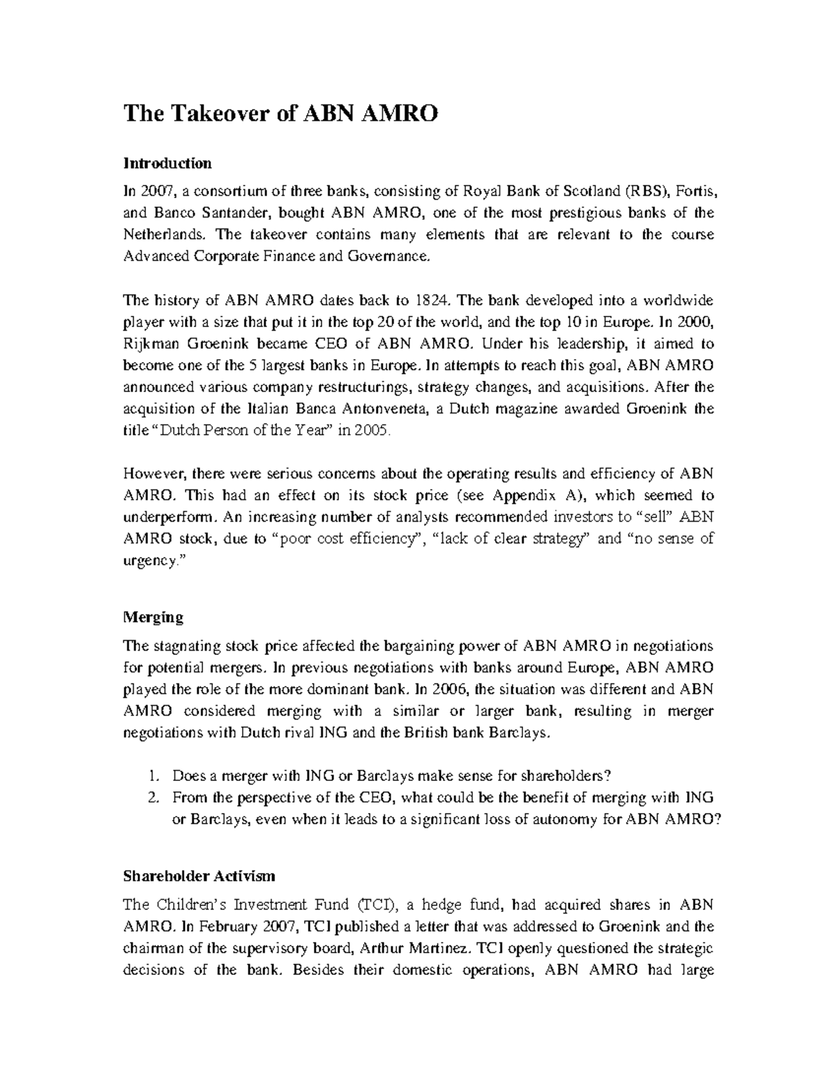 ABN AMRO Takeover Case Study - Insights for Advanced Finance Course -  Studeersnel