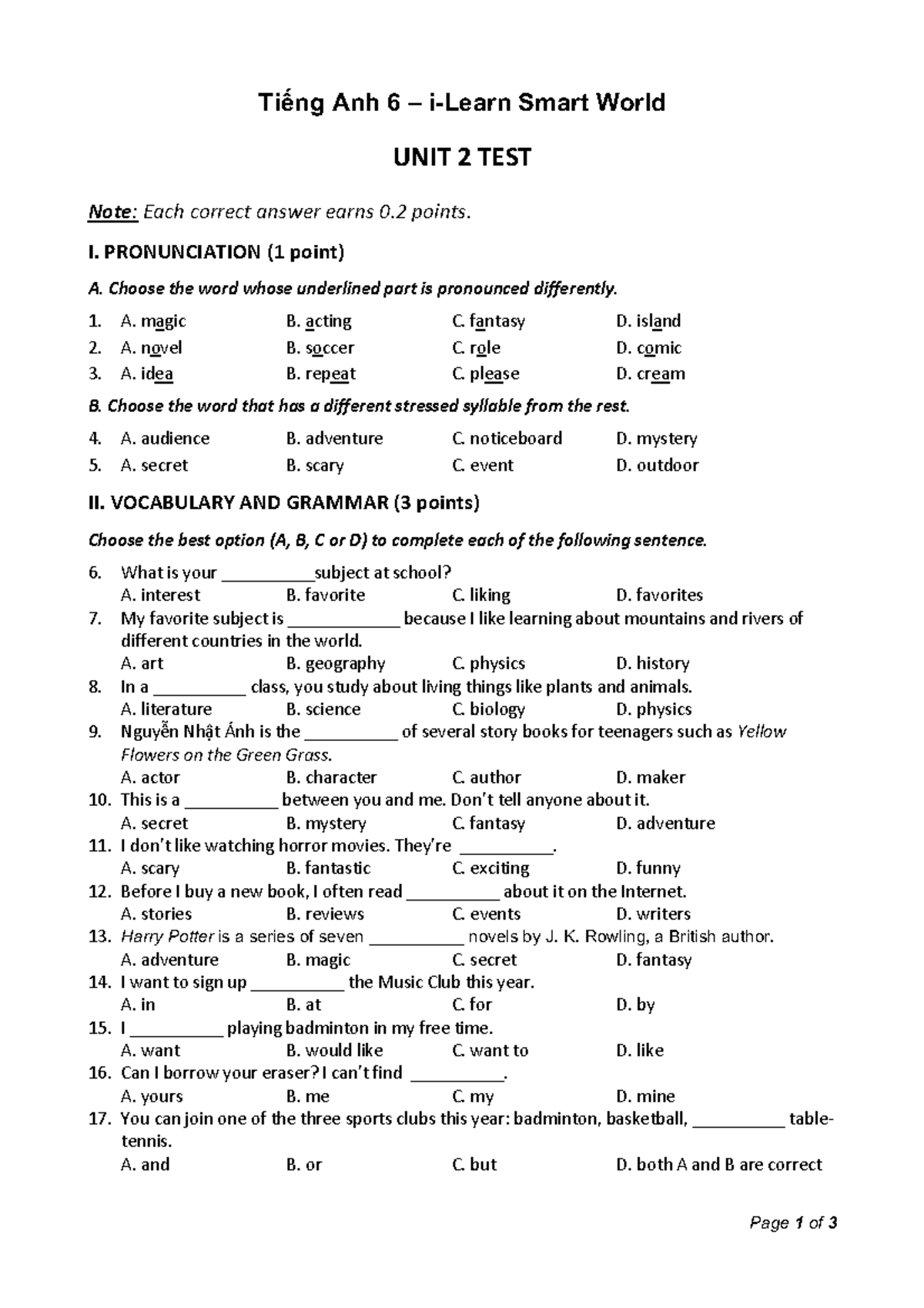 Tiếng Anh 6 - Smart World: Unit 2 Test Questions & Answers - Studocu