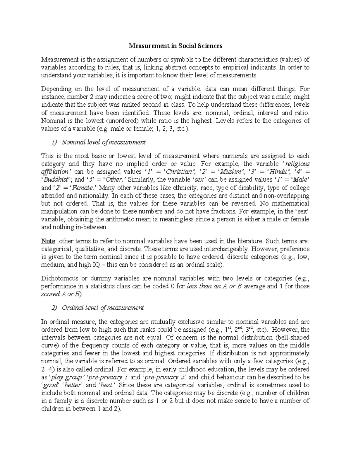 Levels of Measurement in Social Sciences: Understanding Variables - Studocu