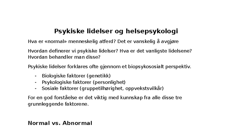 Psykiske lidelser og helsepsykologi: En omfattende oversikt - Studocu