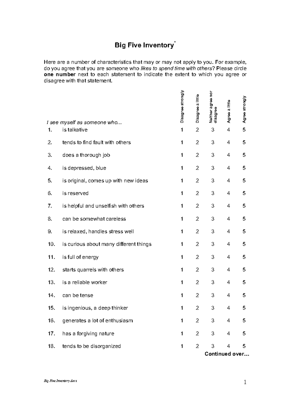 Big Five Personality Inventory Assessment - Studocu