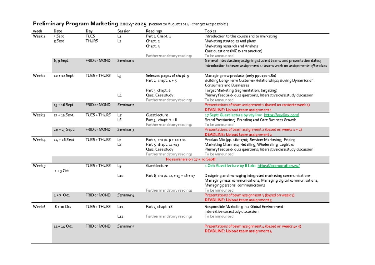 Preliminary Program Marketing (Course Code) Lecture & Seminar Schedule ...