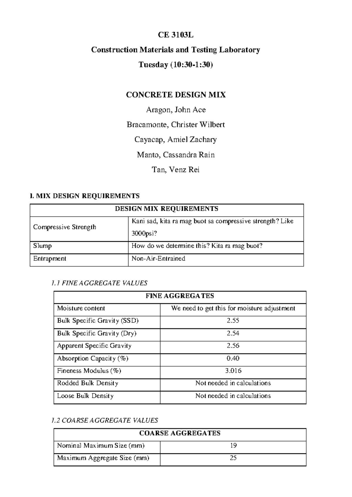CE 3103L Concrete Design Mix Lab Report: Requirements & Calculations ...