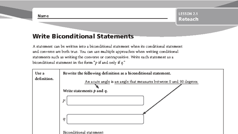 Geometry 13 Lesson 2.1: Biconditional Statements Reteach - Studocu
