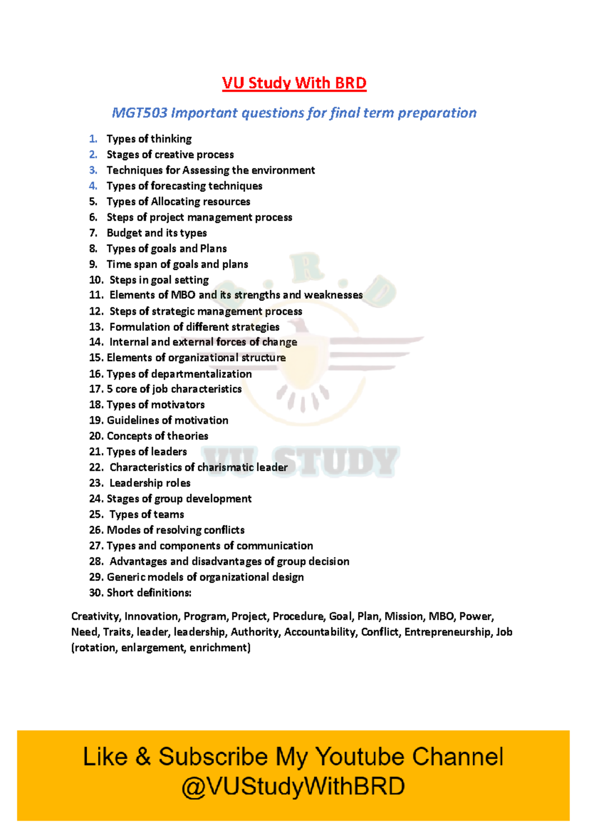 MGT503 Final Term Essential Topics for Exam Preparation - Studocu