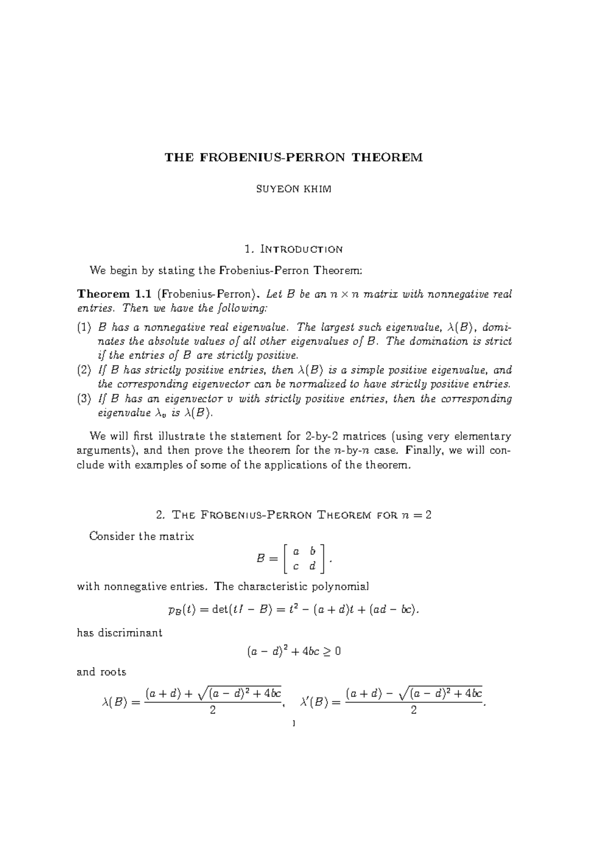 Frobenius-Perron Theorem: Eigenvalues of Nonnegative Matrices - Studocu