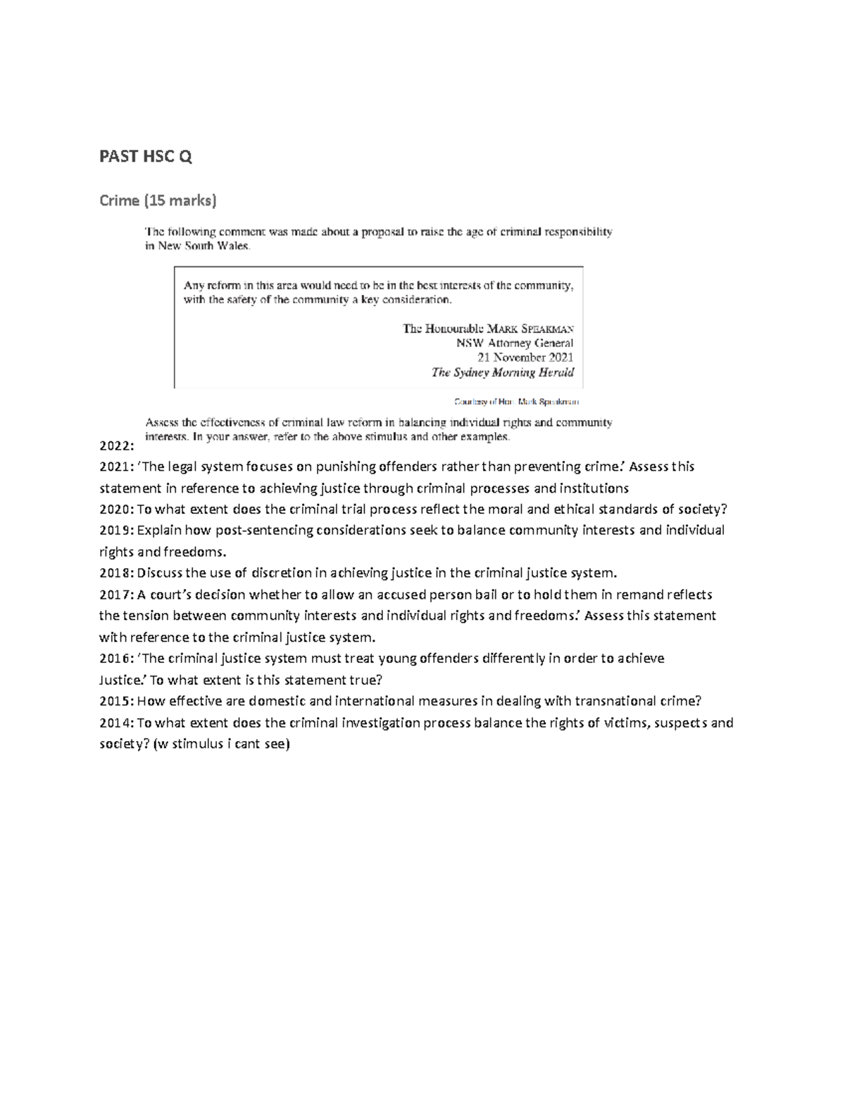 Past HSC questions - crime essay questions - PAST HSC Q Crime (15 marks ...
