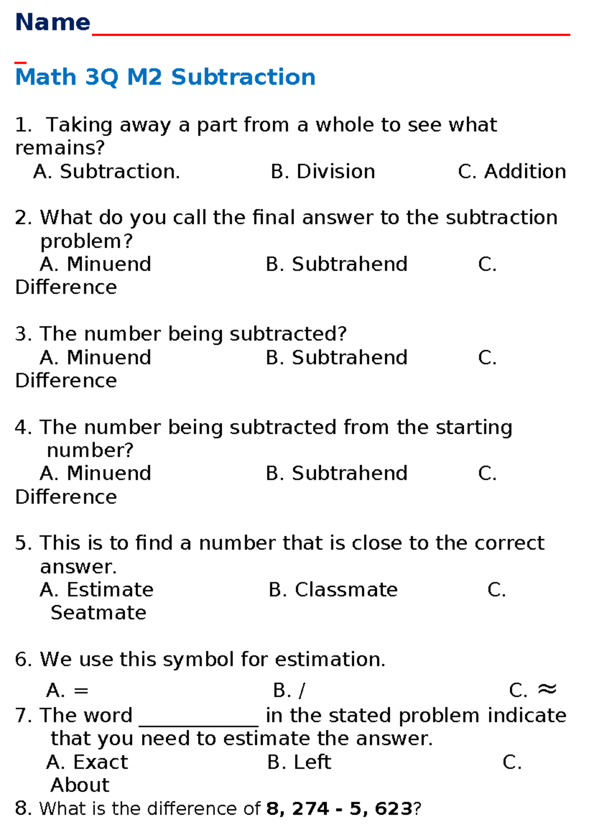 Math 3Q M2 Subtraction: Concepts and Problem Solving - Studocu