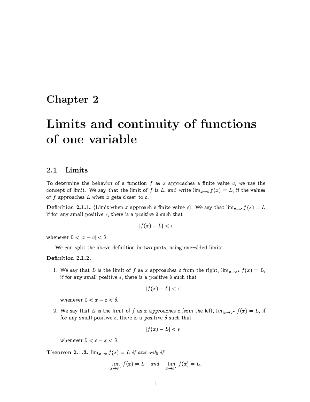 Mathematics I EN: Chapter 2 - Limits and Continuity of Functions - Studocu