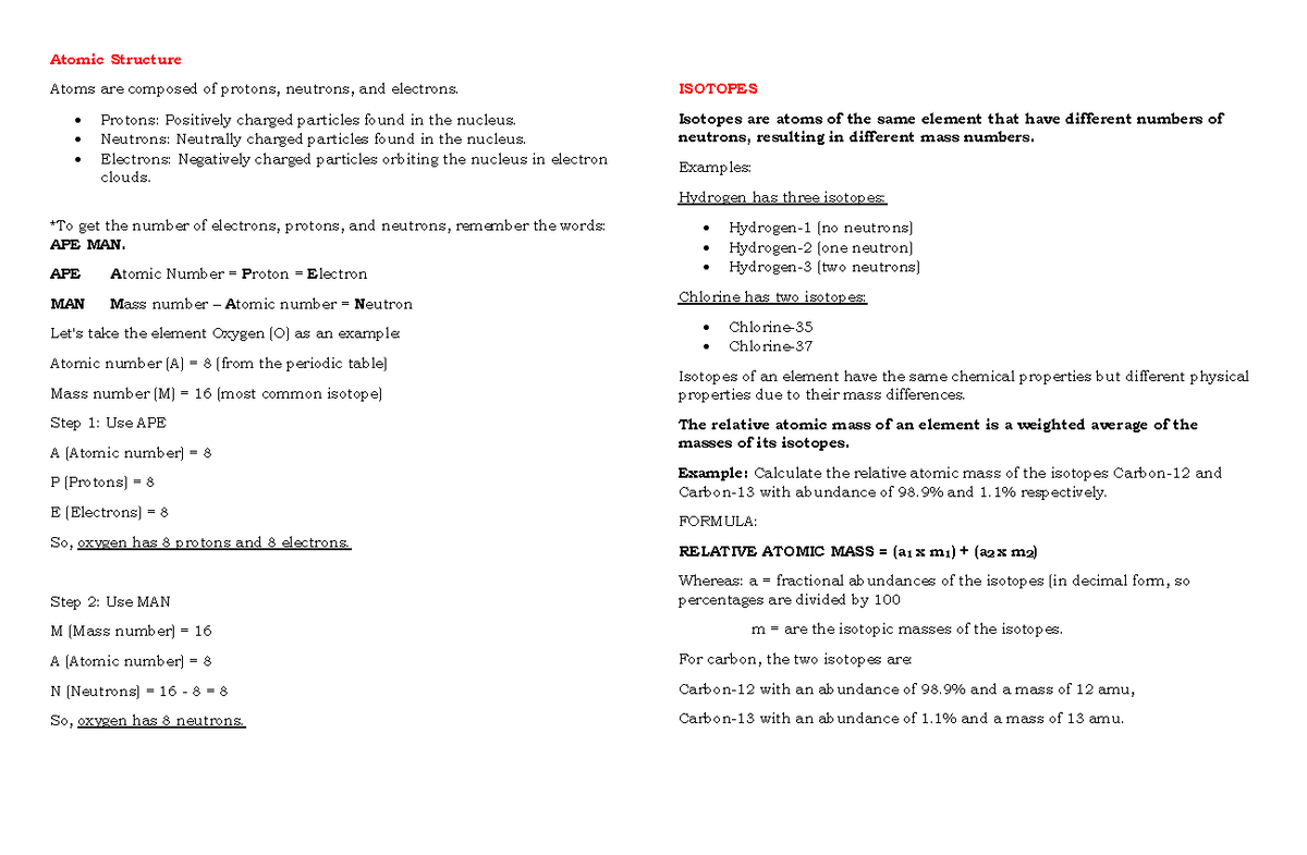 Atomic Structure and Mole Computation Notes (CHEM 101) - Studocu