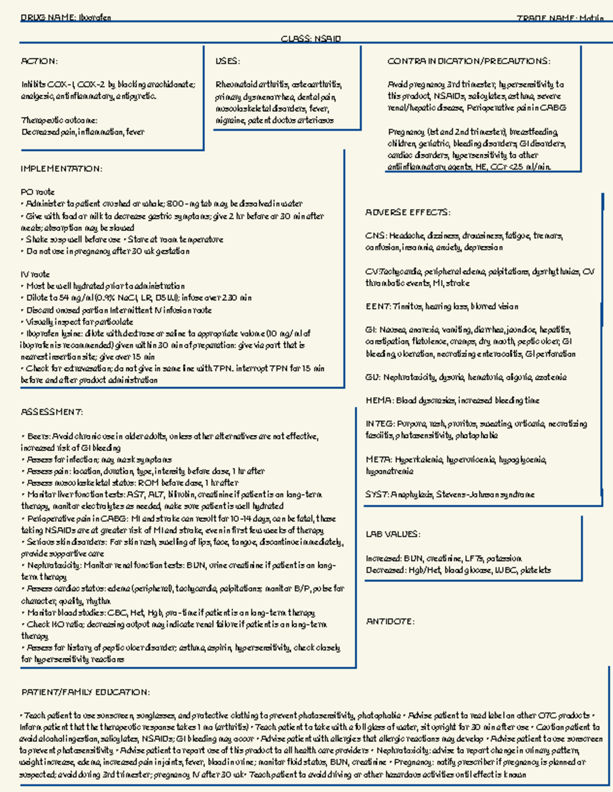 Drug Cards-2 - Drug - DRUG NAME: Ibuprofen TRADE NAME: Motrin CLASS ...