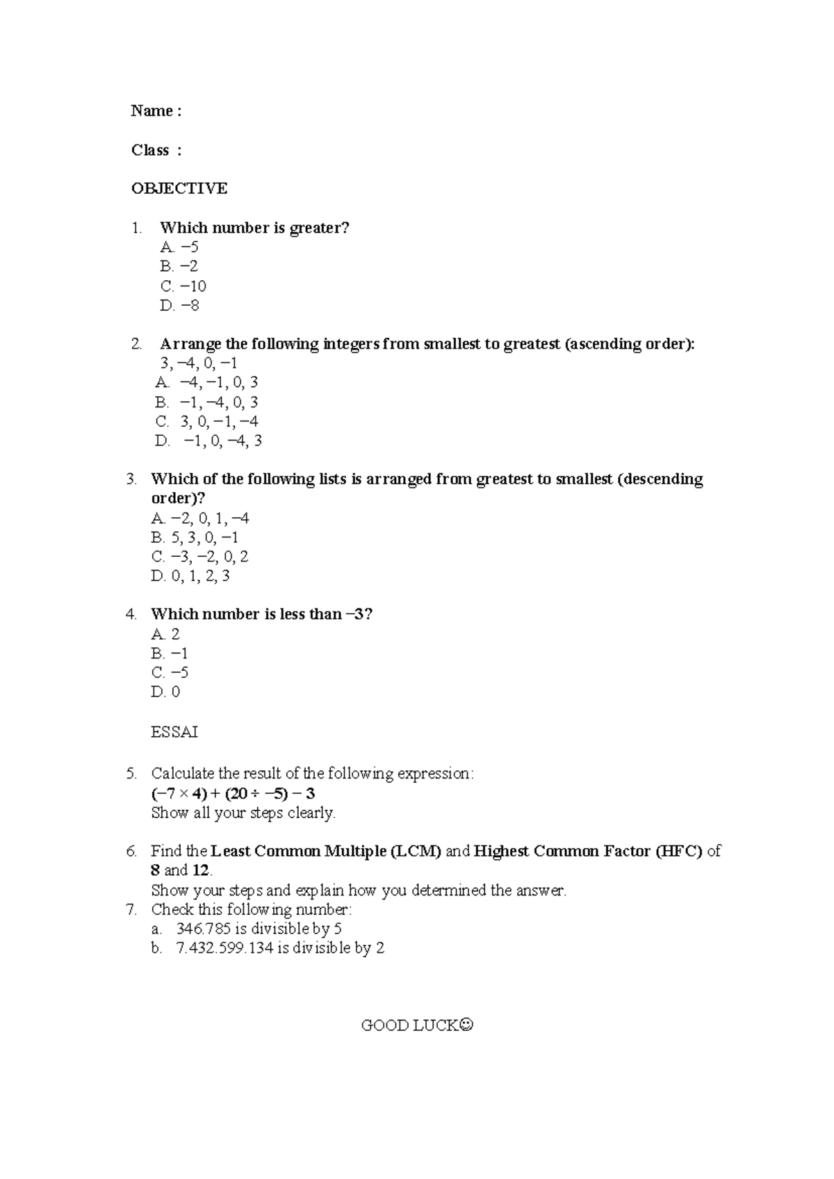 UH 1 Kelas 7 - Math Objective Questions and Exercises - Studocu