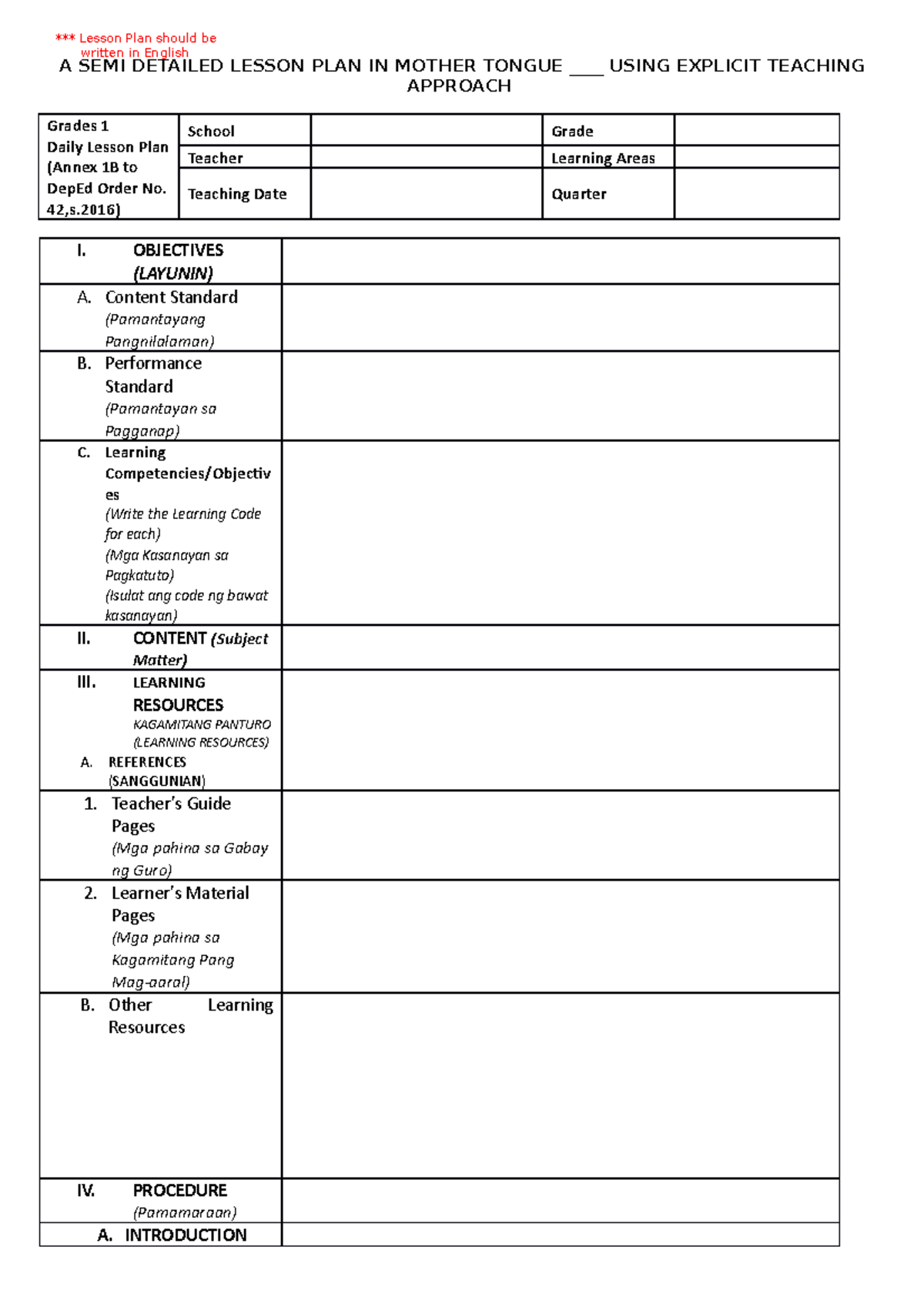 Semi Detailed Lesson Plan Template Word Free - Infoupdate.org