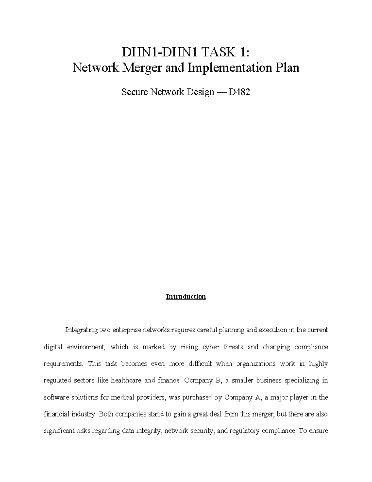 D482: Network Merger & Implementation Plan for Secure Design - Studocu