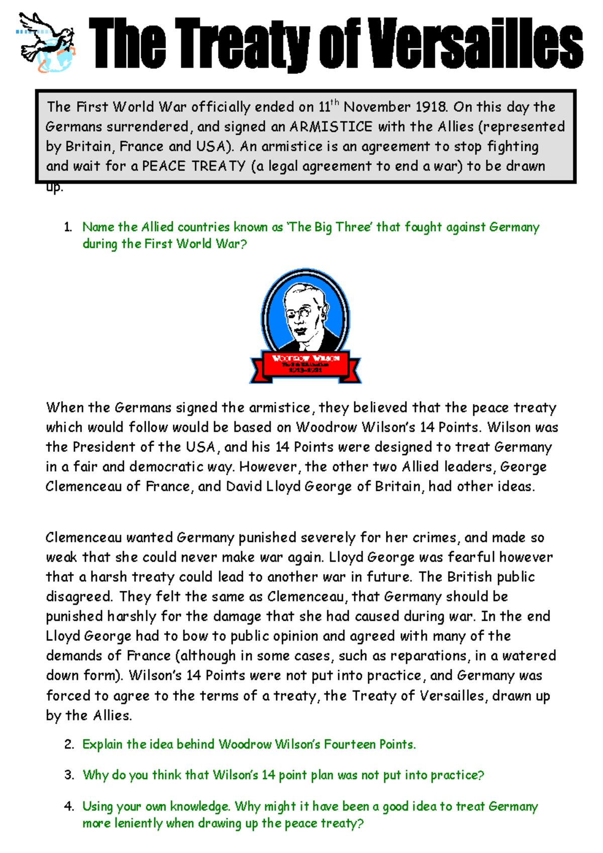 Treaty of Versailles Worksheet: Understanding Its Impact & Reactions ...