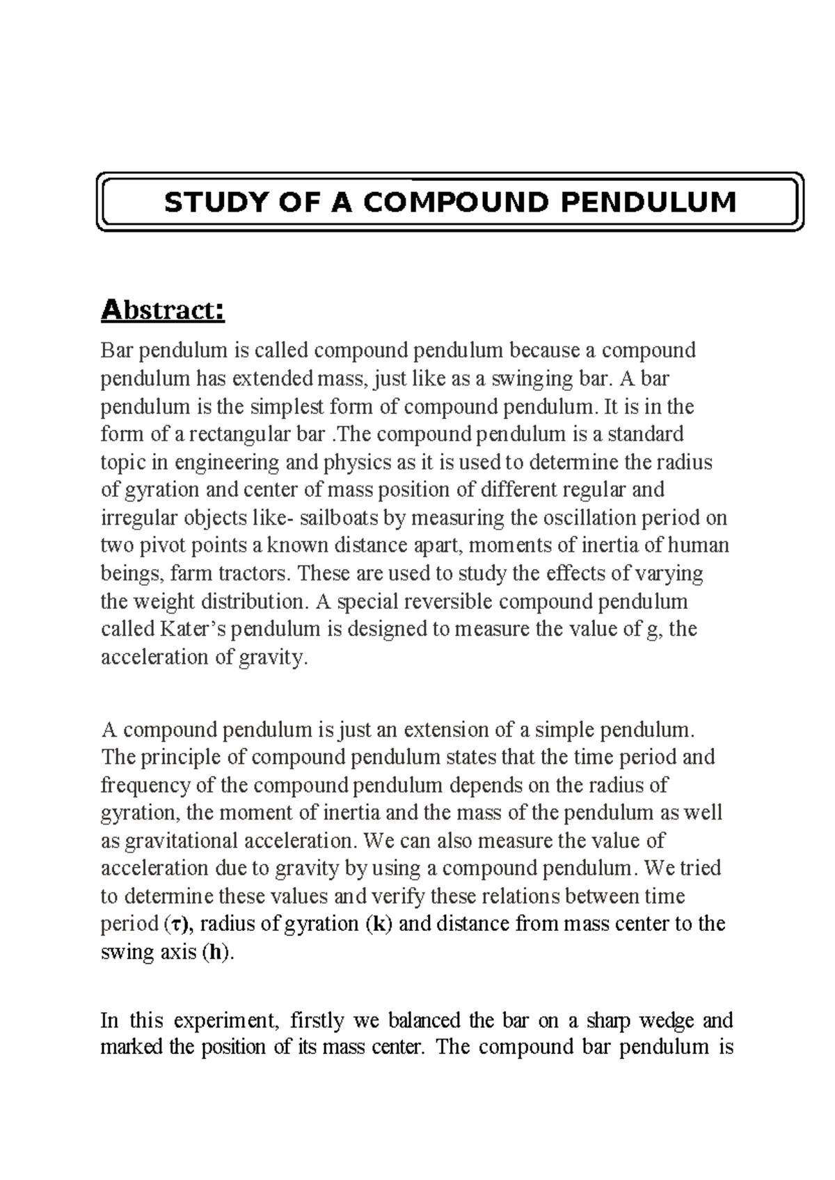 Compound Pendulum Analysis - Lab Report for Physics 101 - Studocu