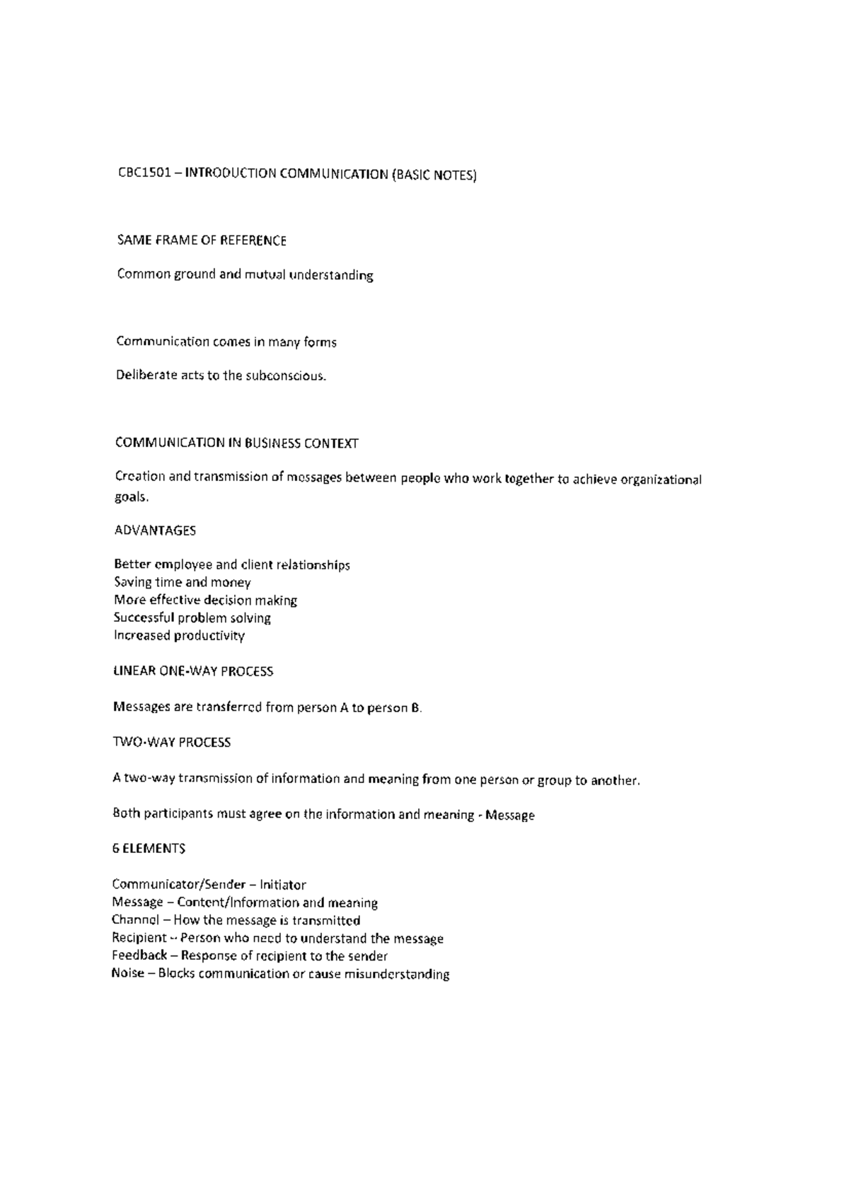 CBC1501 INTRODUCTION TO COMMUNICATION: KEY CONCEPTS & NOTES - Studocu