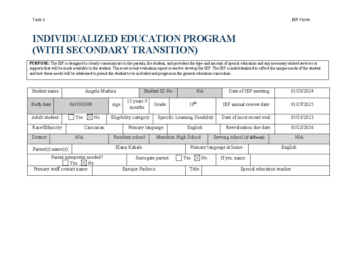 Task 1 IEP Form: Individualized Education Program for Angela Madina ...