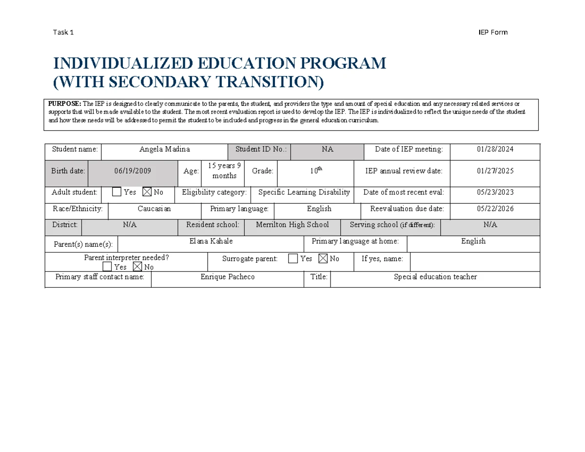 Task 1 IEP Form D231: Individualized Education Program Overview - Studocu