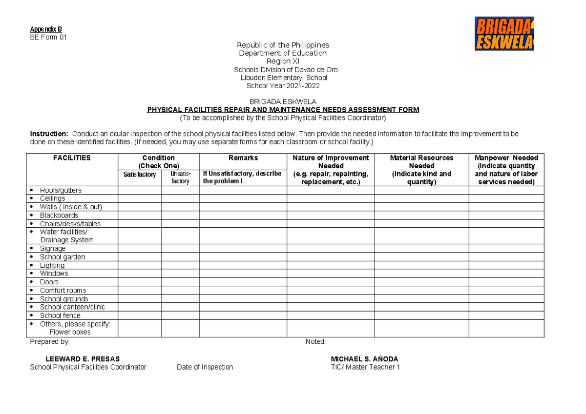 Appendix B: BE Form 01 - Brigada Eskwela Facilities Assessment 2021 ...