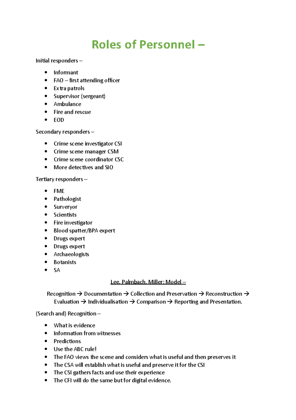 Roles of Personnel at a Crime Scene (CRIM 101: Lecture Notes) - Studocu