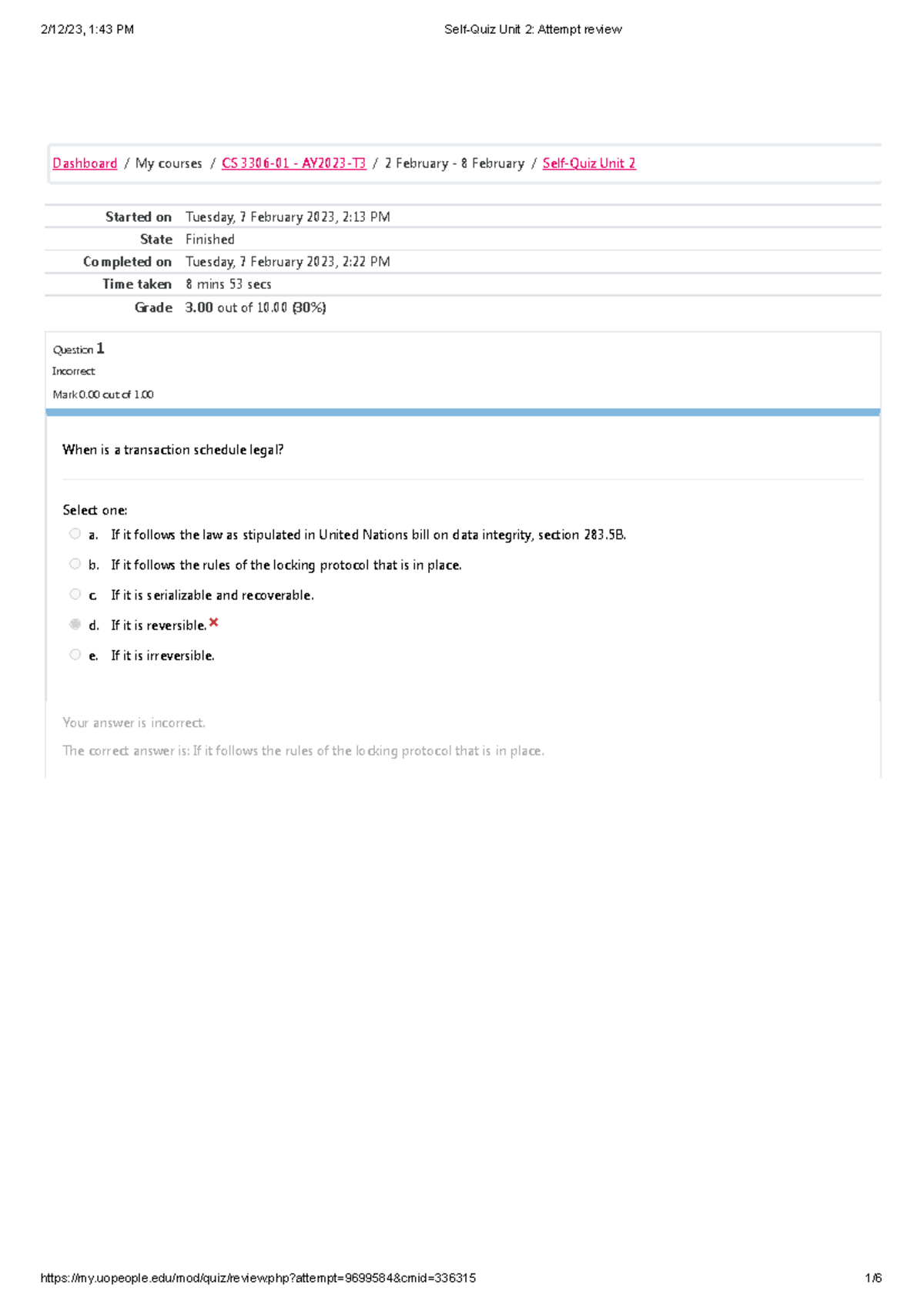 Self-Quiz CS 3306-01 Unit 2 Review Attempt Results - Studocu