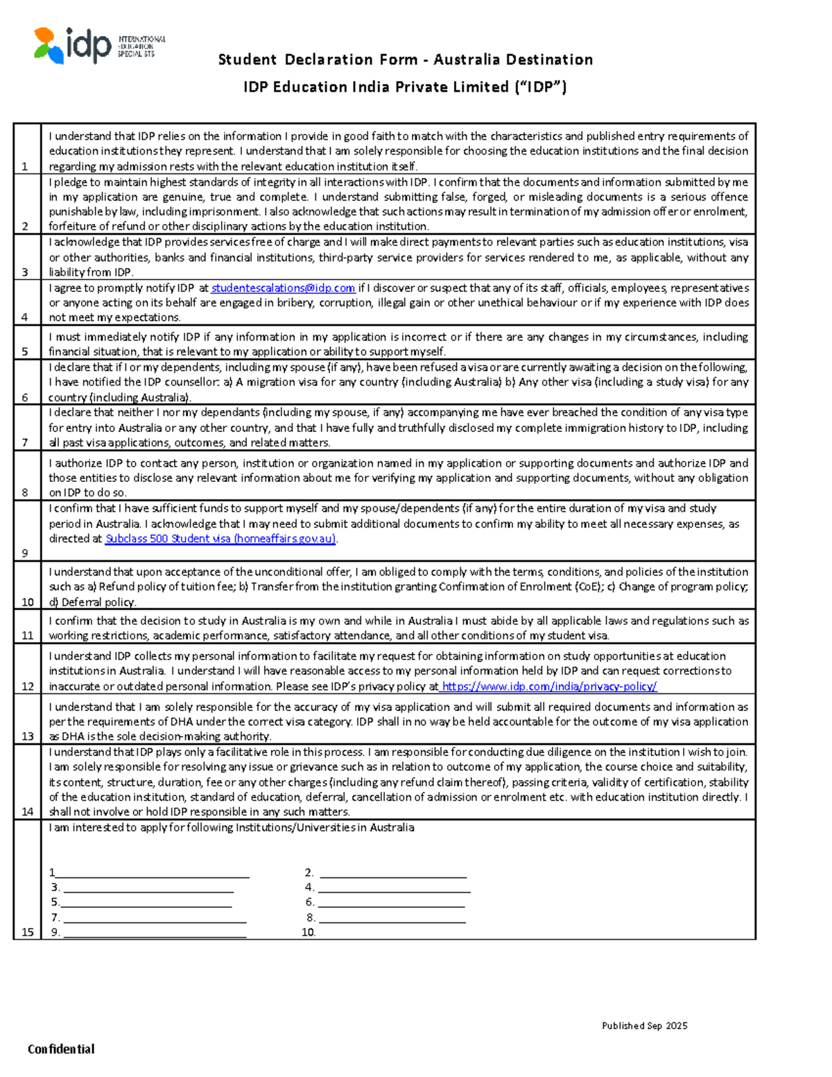 IDP Declaration Form for Study in Australia - 2025 - Studocu