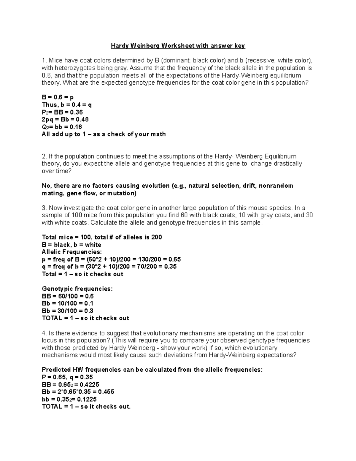 HWE Worksheet & Answer Key for Population Genetics Analysis - Studocu