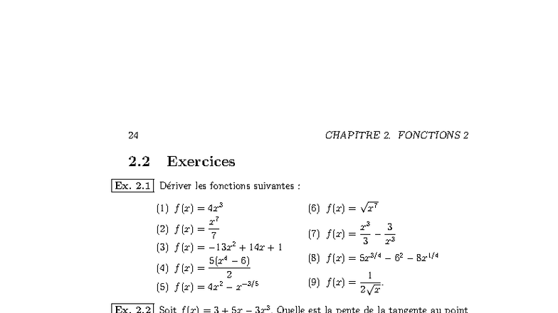 TD2 - Chapitre 2: Exercices sur les Fonctions et Tangentes - Studocu