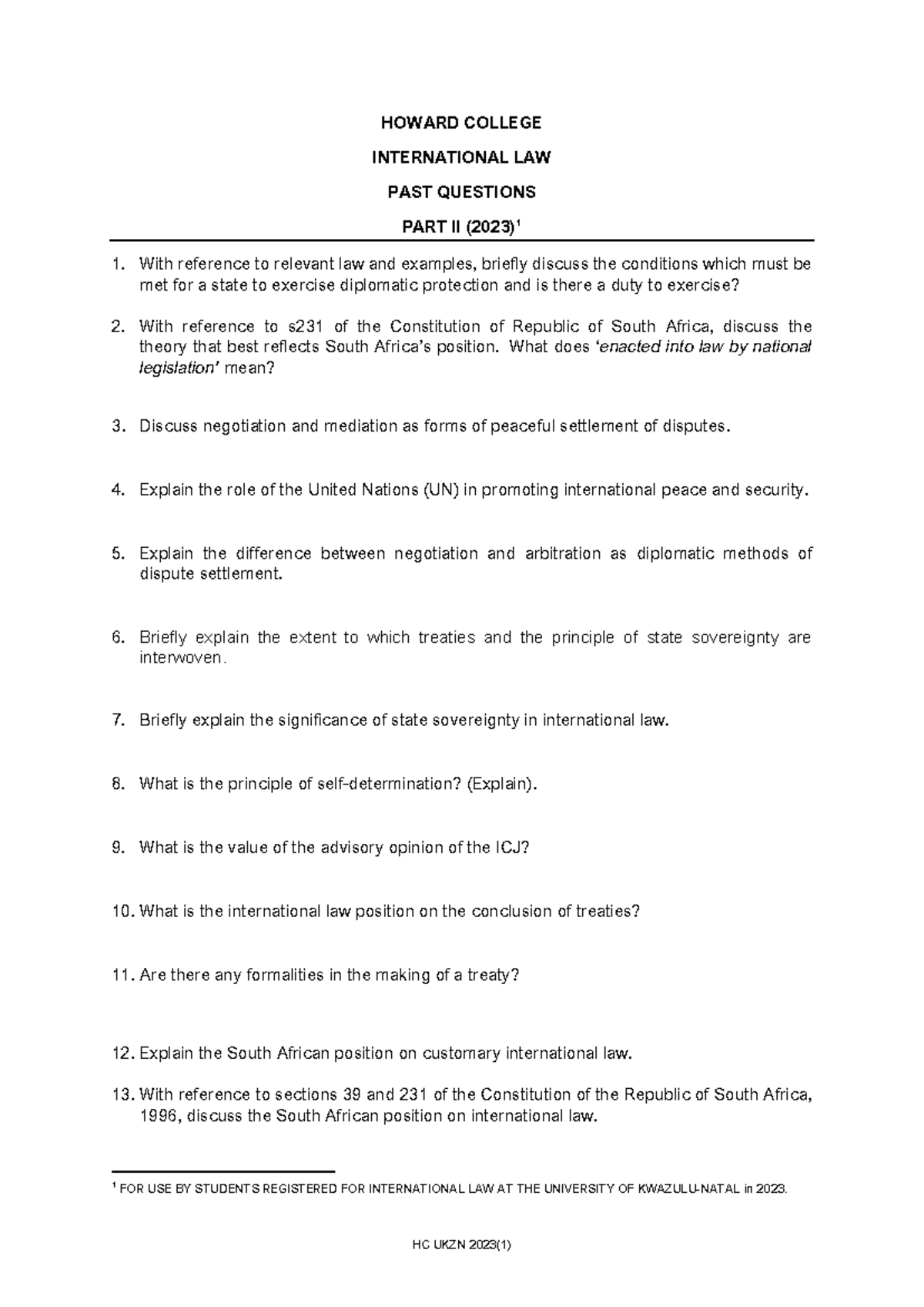 International Law HC UKZN 2023 Part II Final Exam Past Questions - Studocu